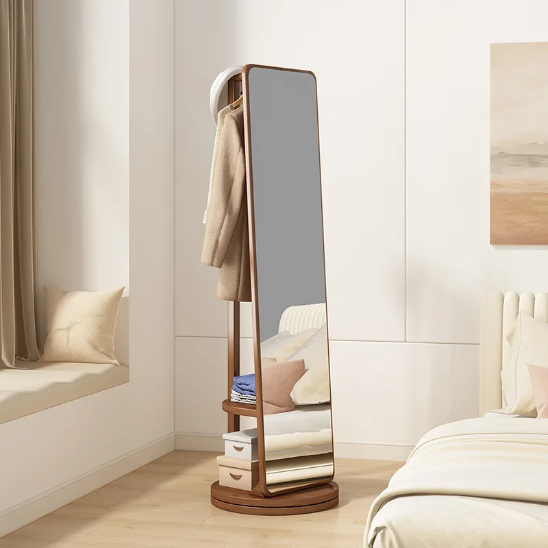 

Solid wood floor mirror, household bedroom, rotatable, mobile, full body fitting mirror, simple, with hanger, integrated dressin