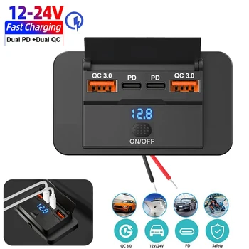 New 4 Ports Car Charger Socket Panel 12V/24V RV USB Outlet Dual QC3.0 PD Fast Charging Socket Accessories for Car Bus RV Truck 1