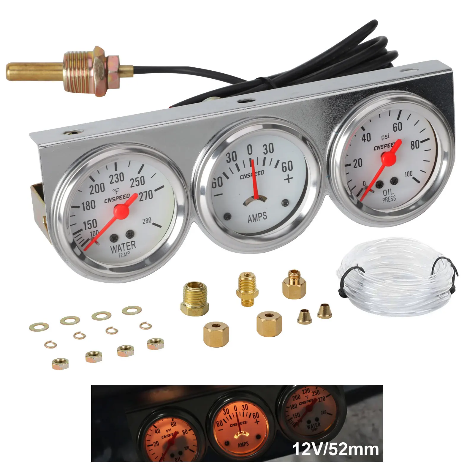 

Auto Car Oil Pressure Water Temp Amp Meter Gauge With Sensor Triple Gauge Set Mechanical Chrome Panel Oil Press
