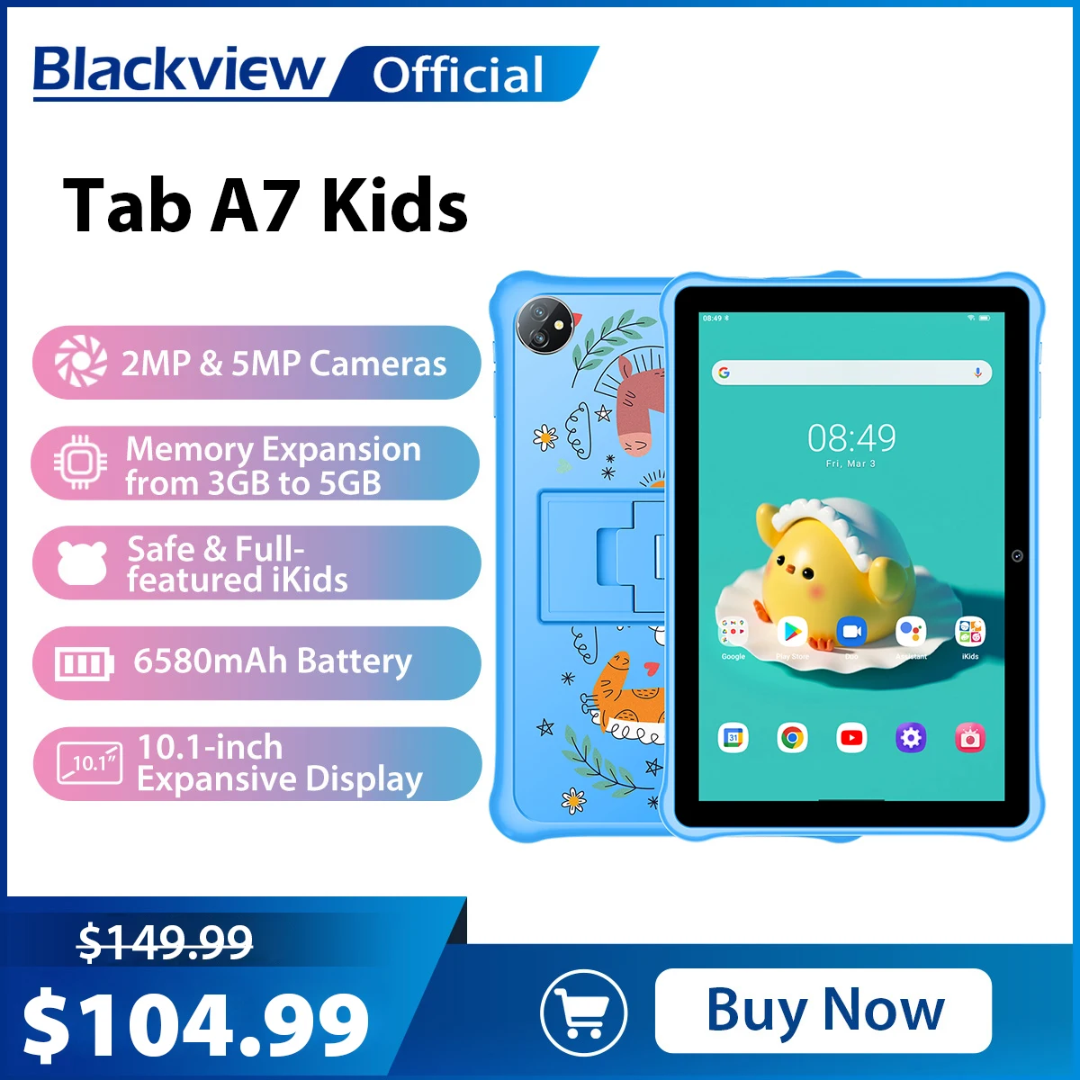 Blackview Tab A7 Kids 10.1 "Kids Tablet Bambini Android 12 3Gb 64Gb Quad Core 2.4G/5G Wifi 6580Mah Google Play Study Tablet Pc