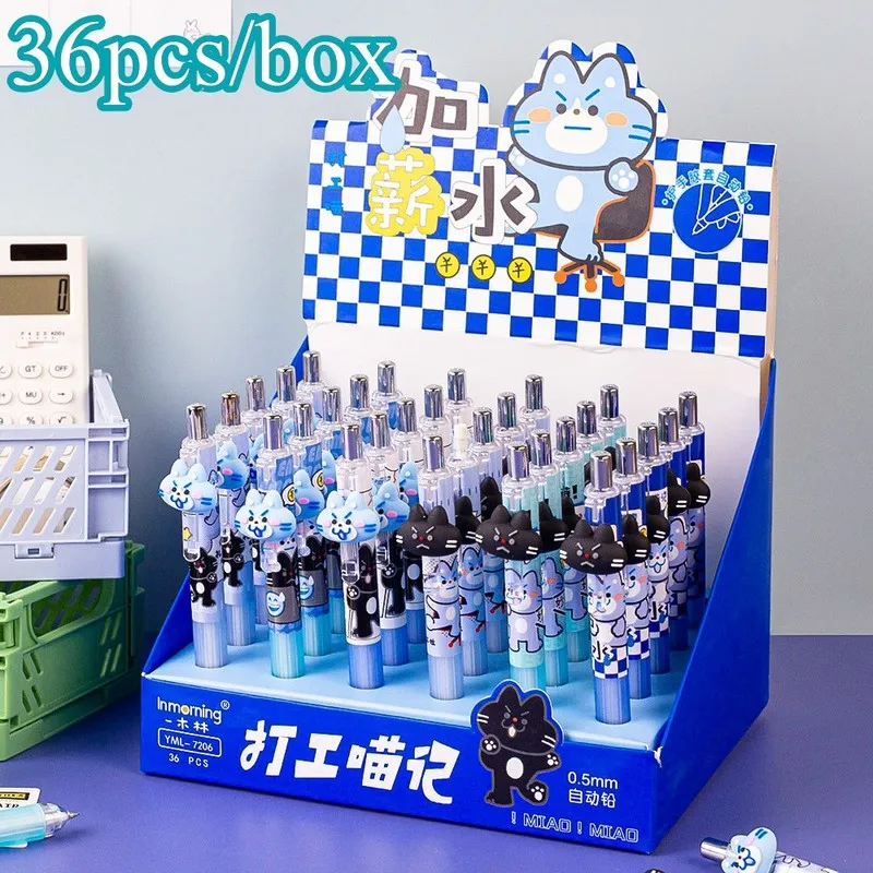 

36pcs/Box Cartoon Cat Mechanical Pencil Kawaii 0.5mm Writing Drawing Automatic Pen Student School Office Writing Stationery