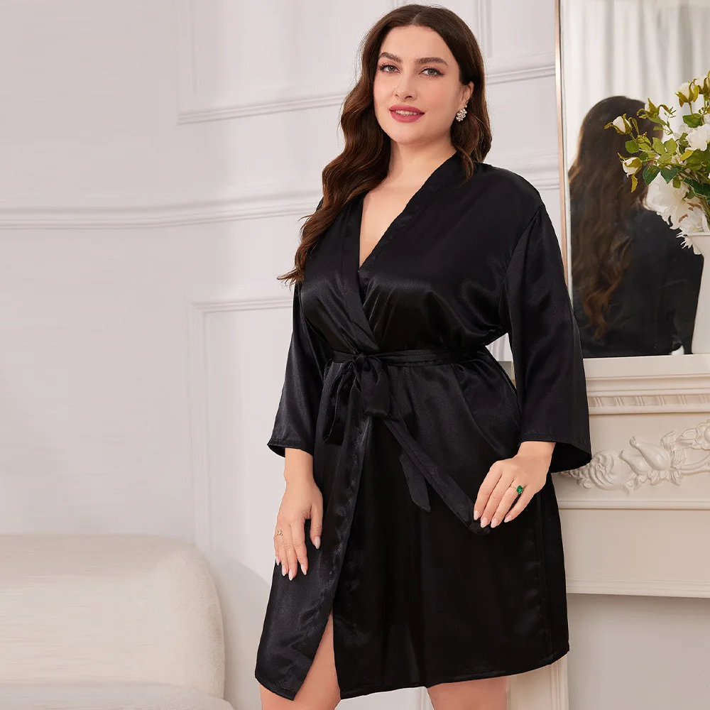 Spring Summer Ladies Plus-size Sexy Imitation Silk Robe Solid Color Home Dress Pajamas Sexy Loose Cardigan Lace-up Bathrobe 5XL
