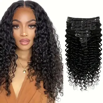 Human Hair Deep Wave Clip In Hair Extensions Brazilian Clip In 8 Pcs/Set Natural Black Color Clip Ins Remy Hair 10-26 Inch 120G