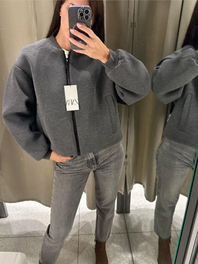 Fashion Elegant Solid Pilot Jacket Women\'s Casual Long Sleeved Zippered Cropped Overcoat 2023 Female Chic Party Club Street Wear