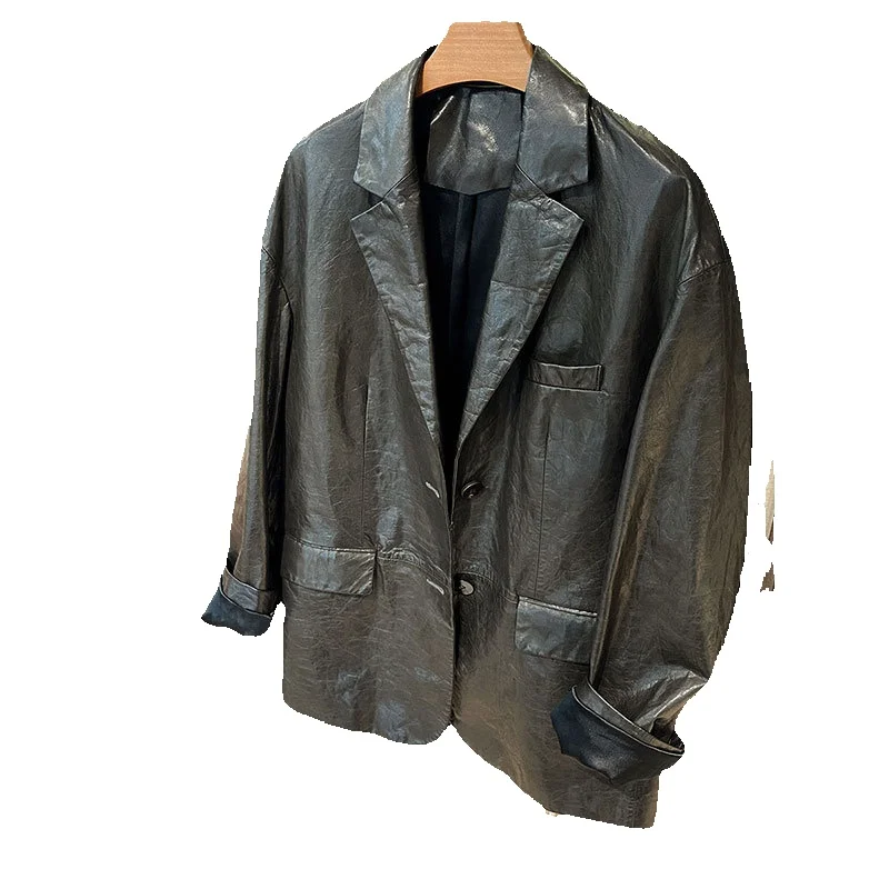 

Полурастительный дубленый костюм из козьей шкуры оверсайз Повседневная куртка из натуральной кожи для женщин