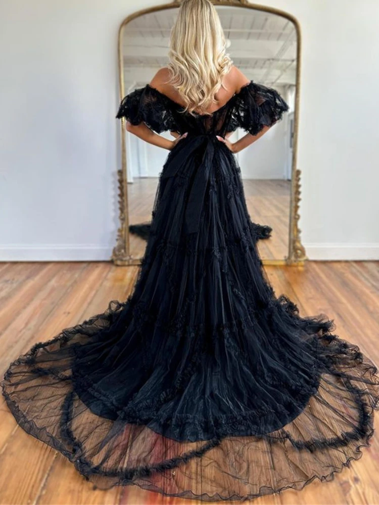 

Off the Shoulder Prom Dresses Elegant Ruched Lace Backless Formal Evening Party Dress 2024 Sexy Long Special Occasion Gown