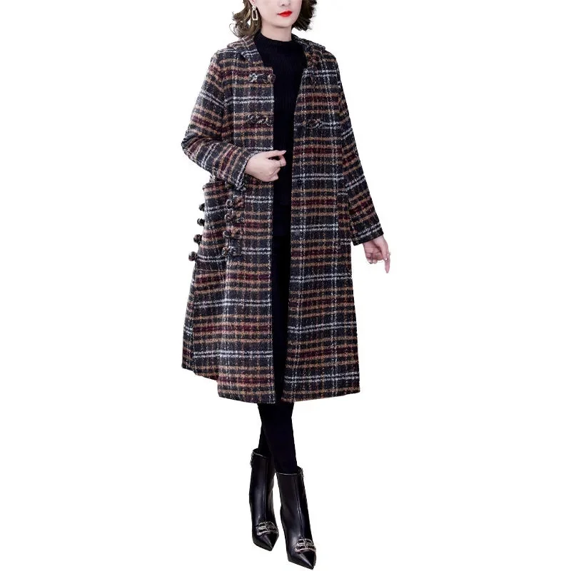 

Новинка Зима 2024, высококачественное шерстяное пальто в клетку, свободное теплое пальто большого размера с пряжкой в стиле ретро