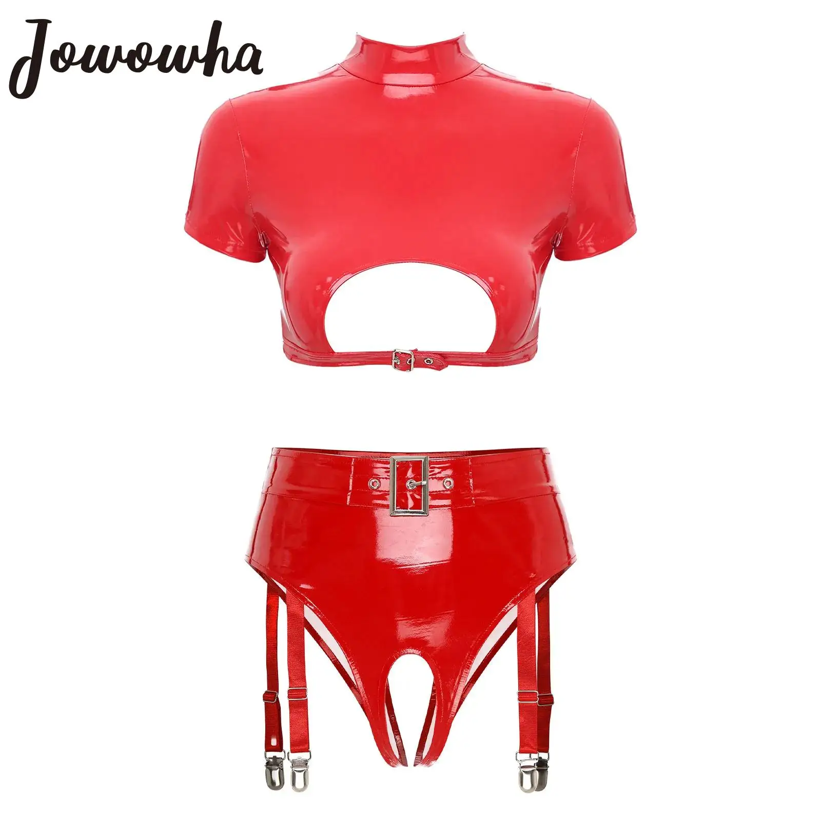 

Womens Lingerie Wet Look Patent Leather Short Sleeve Cutout Crop Top Open Crotch Thongs Underwear with Garter Clips Clubwear