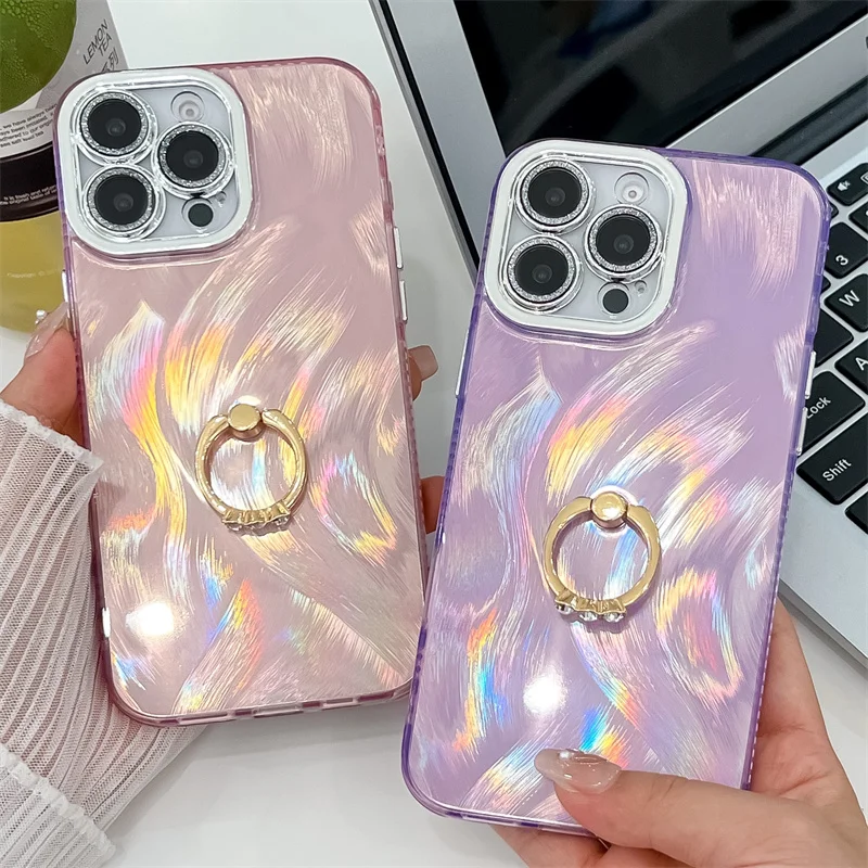 Coque de téléphone Camlet Feather Ring Holder Laser pour iPhone 16 Plus 15 14 13 Pro Max Hard PC Glitter Camera Protection Back Cover_voghion.com