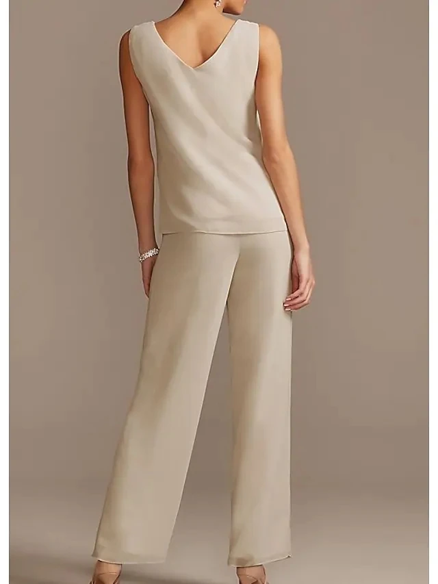 Pantsuit Jumpsuit Mother of the Bride Dress Jewel Neck Floor Length Chiffon Lace 3/4 Sleeve Beading Appliques