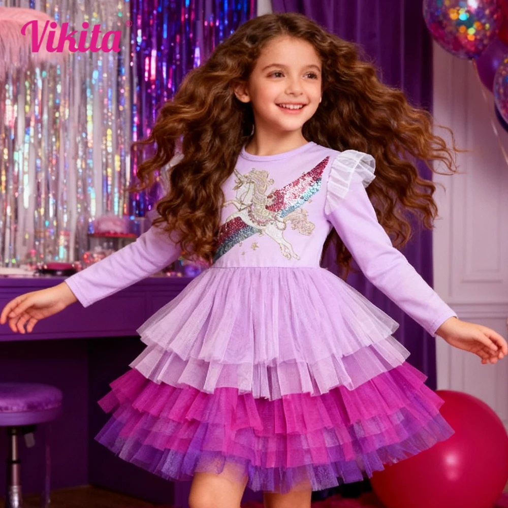 VIKITA filles à manches longues violet volants épaules robes enfants paillettes licorne à plusieurs niveaux Tulle maille Tutu robe de princesse tenue
