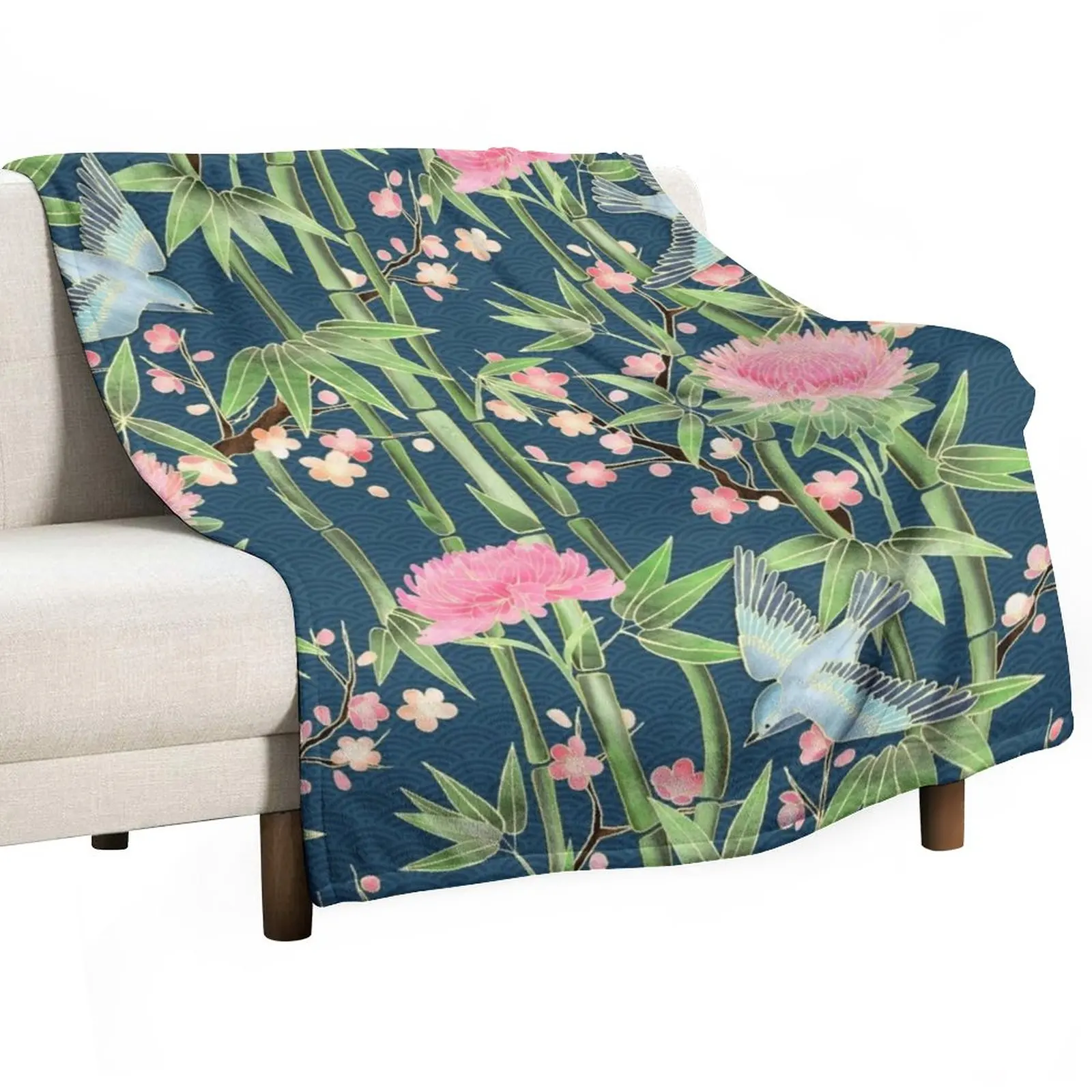 

Bamboo, Birds and Blossom - dark teal Throw Blanket Weighted Blanket Multi-Purpose Plaid on the sofa Dorm Room Essentials