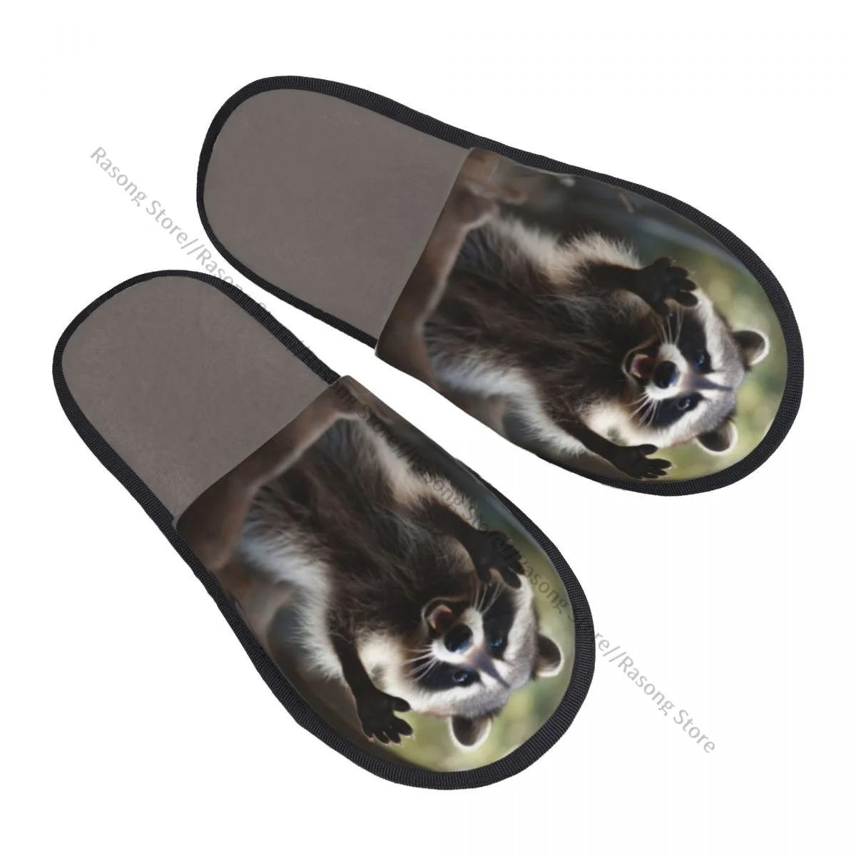 

Winter Women Men Non-Slip Flat Slippers Raccoon Standing Up Indoor Fur Soft Warm Shoes