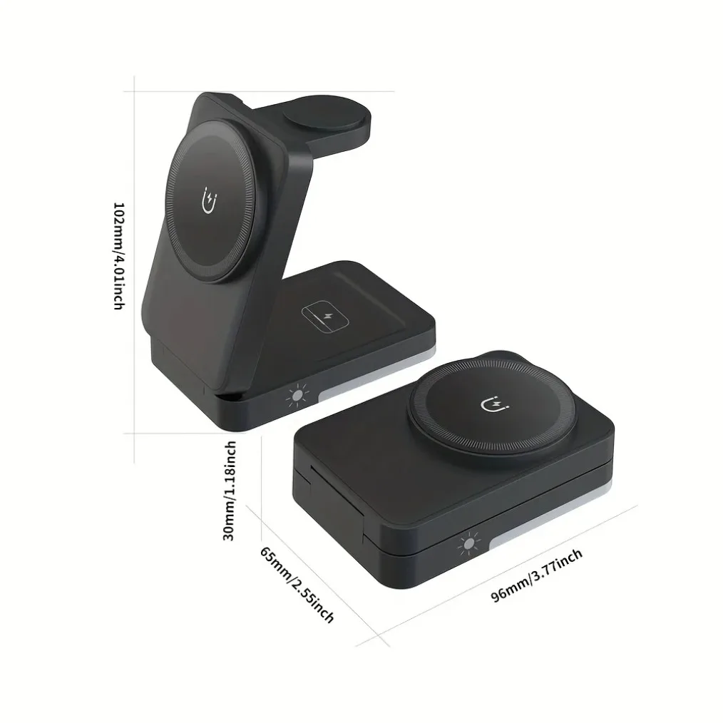 VIKEFON LED Light Wireless Charger Stand 3 in 1 Foldable For iPhone 16-12 Apple Watch 2-9 SE Airpods Pro Fast Charging Station