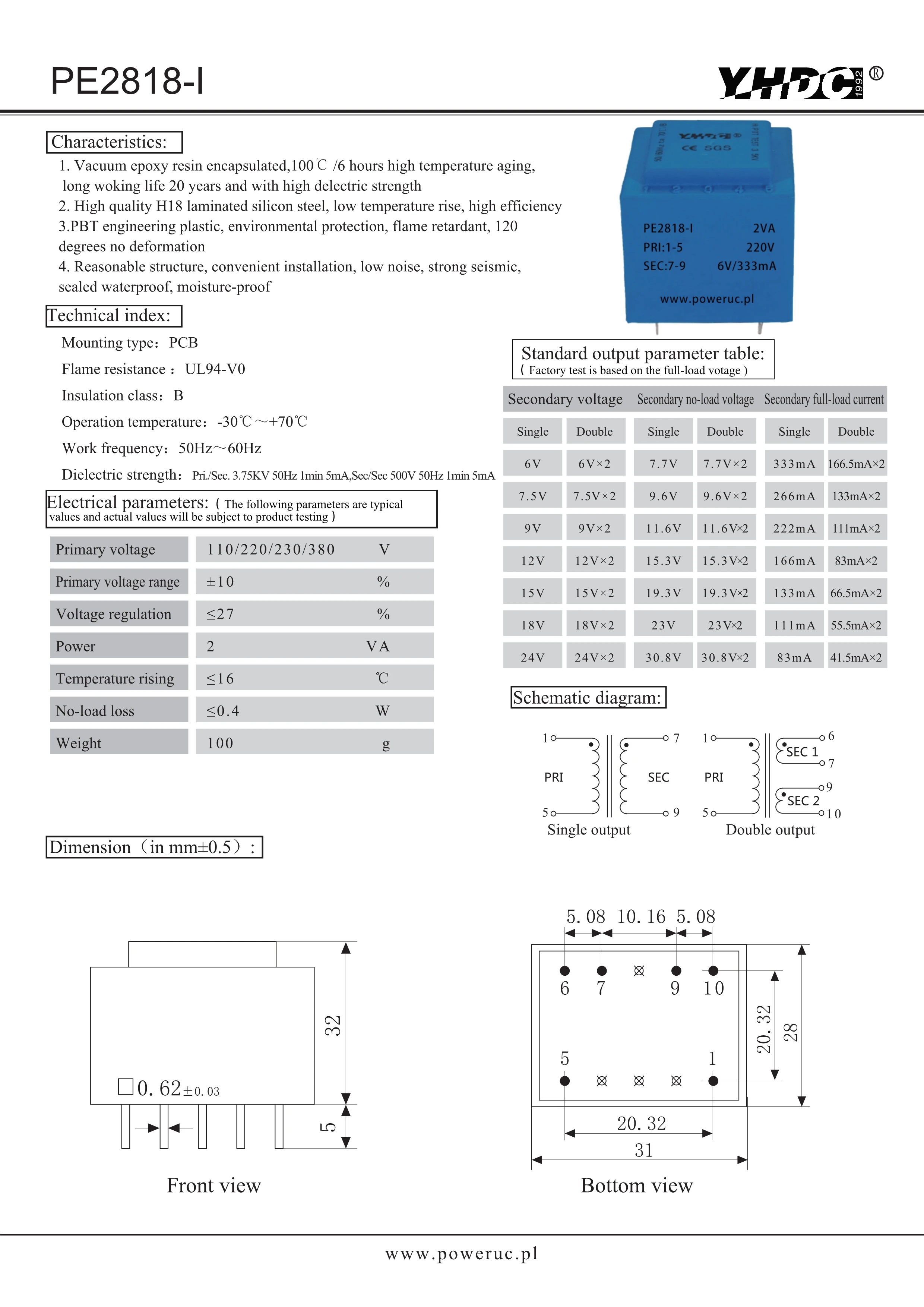 YHDC PE2818-I Power 2VA 220V / 6Vx2/7.5Vx2/9Vx2/12Vx2/15Vx2/18Vx2/24Vx2 Encapsulated For PCB Mounted Isolation Transformer