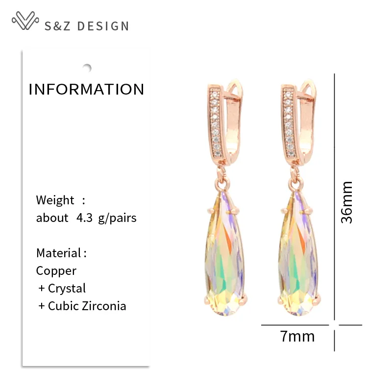 S&Z DESIGN New Fashion Elegant Water Drop Crystal Dangle Earrings For Women Wedding 585 Rose Gold Color Cubic Zirconia Jewelry
