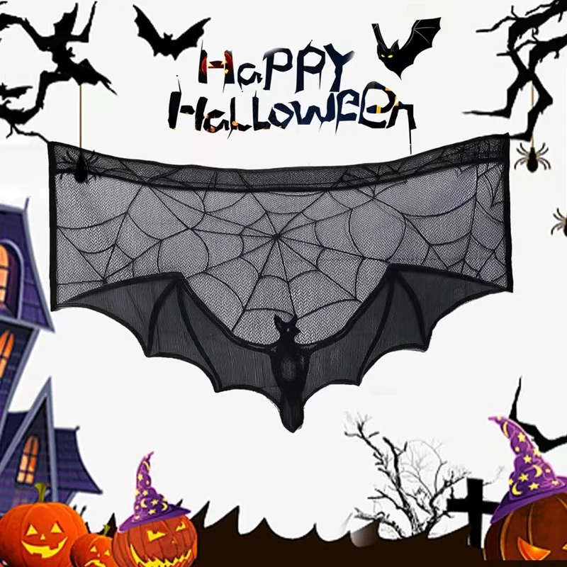 1 Piece of Halloween Lace Curtains Black Bat Spider Tablecloth Fireplace Stand Scarf Set Halloween Family Room Spider Web Horror Decoration halloween decoration
