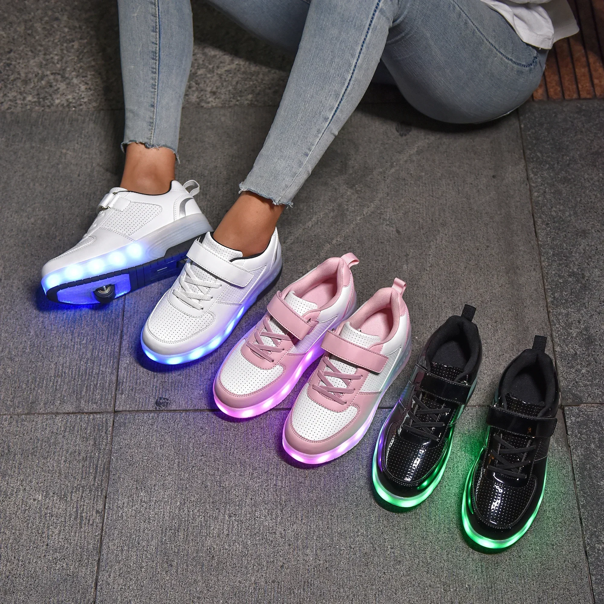 Children&rsquo;s Two Wheels Luminous Glowing Sneakers Heels Pink Led Light Roller Skate Shoes Kids Led Shoes Boys Girls USB Charging roller skates