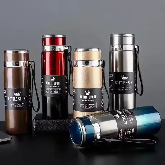 Thermos Bottle 1L Thermal Water Bottle Stainless Steel Insulated Cup Gradient Color Lid Strap Travel Outdoor Sports Wholesale 3