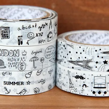 레트로 간단한 흰색 배경 검은 선 패턴 PVC 테이프 마스킹 접착 테이프, 2 롤