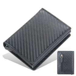 Premium Leather RFID Blocking Credit Card Holder with Magnetic Buckle Closure (Carbon with Zipper)