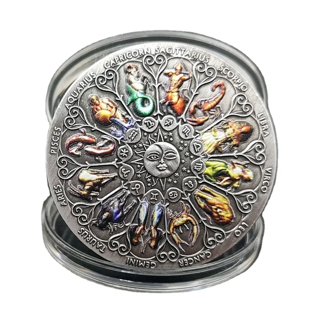 1PC Colorful The Sign of Zodiac Coins Astrology Twelve Constellations Commemorative Tarot Good Luck New Year Lucky Coin 1