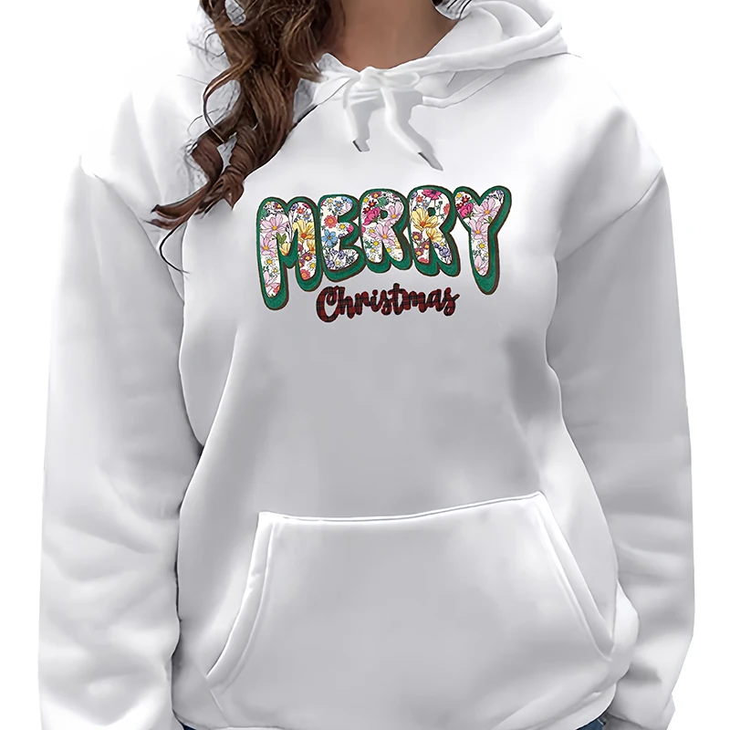 

Women Sweatshirts Hoodies Christmas Funny Cute Graphic Pullover Casual Loose Long Sleeve Xmas Floral Text Knitted White Tops