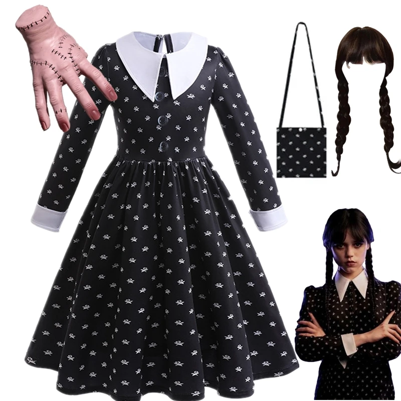 

Wednesday Addam Family Dresses for Girls Kids Gothic Black Outfits Children Dress Up for 3-12 Years Halloween Costumes for Kids