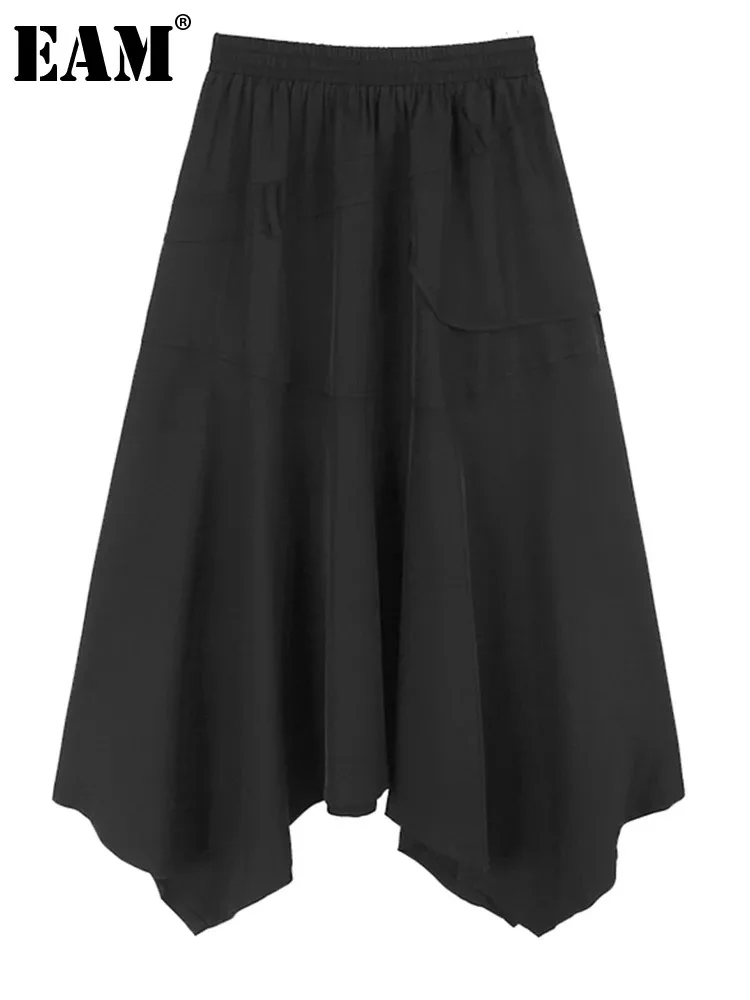 

Женская Асимметричная юбка EAM, черная Повседневная трапециевидная юбка с высокой эластичной талией, весна-осень 2024