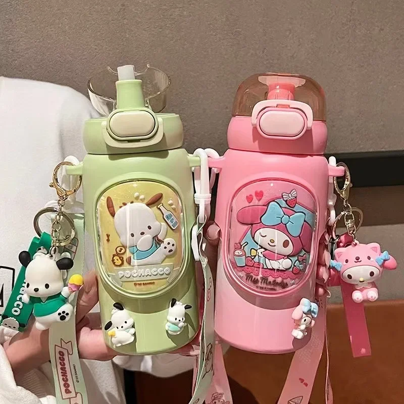 

Straw Insulated Kettle Shoulder Strap Sanrio Kuromi Children's Thermos Bottle Girl Student Vacuum Water Cup 316 Stainless Steel