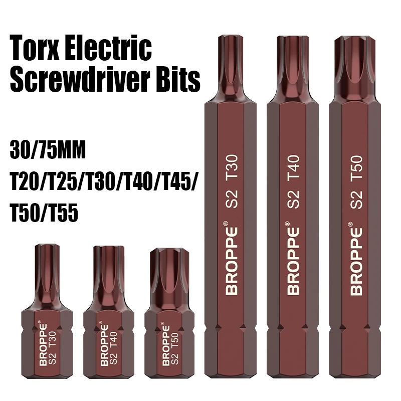 

30/75MM T20/25/30/40/45/50/55 Torx Electric Screwdriver Bits Strong Magnetism Hex Shank Batch Head S2 High Hardness Bits Tools