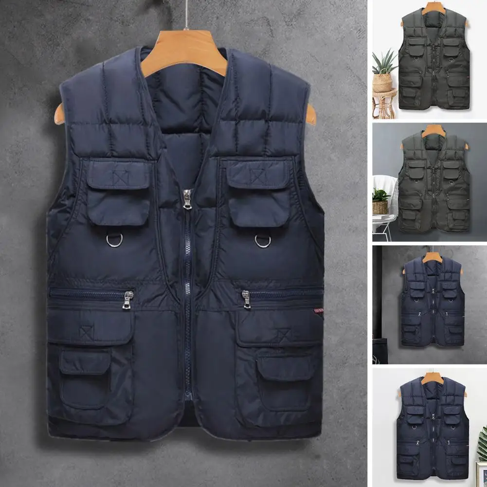 Description Picture 3 of itemMen Vest Solid Color With Multiple Pockets Zipper Closure Sleeveless Vest Jacket Autumn Winter Waistcoat Men Fashion Clothing