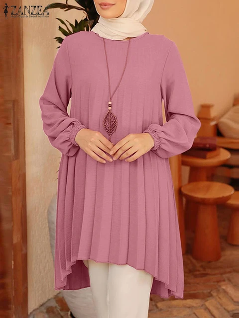 Fashion Muslim Blouse Women Long Sleeve Pleated Tops ZANZEA Casual  Irregular Hem Shirt Loose Solid Ramadan Turkey Abaya Blusas - AliExpress