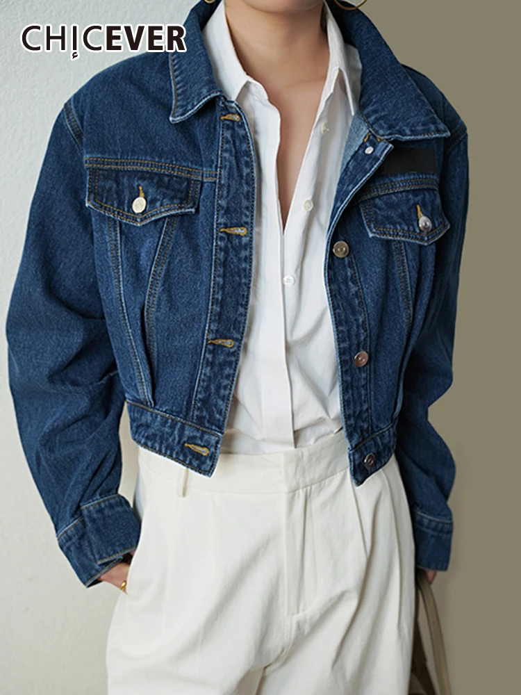

CHICEVER Streetwear Solid Jackets For Women Lapel Long Sleeve Single Breasted Minimalist Loose Denim Coat Female Autumn Clothing