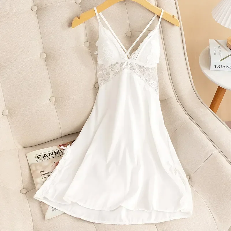 

Ночная сорочка Женская атласная кружевная, ночная рубашка, пикантное нижнее белье, домашняя одежда, лето