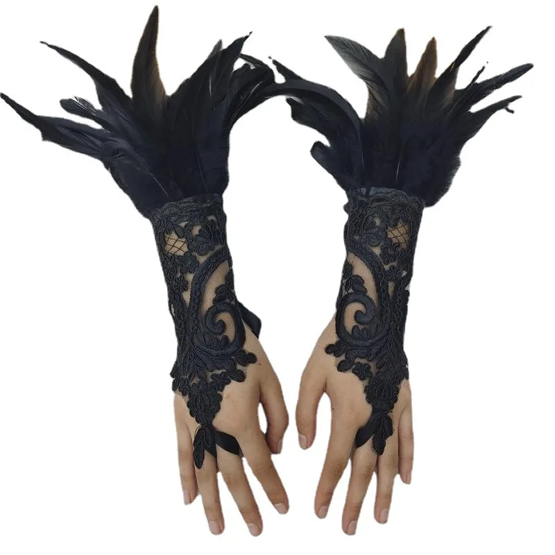 Halloween Hook Finger Gloves Mesh Sleeve Lace Feather Gloves Embroidery Mittins Party Gothic Stage Accessory Female Long cosplay gloves halloween prop toys