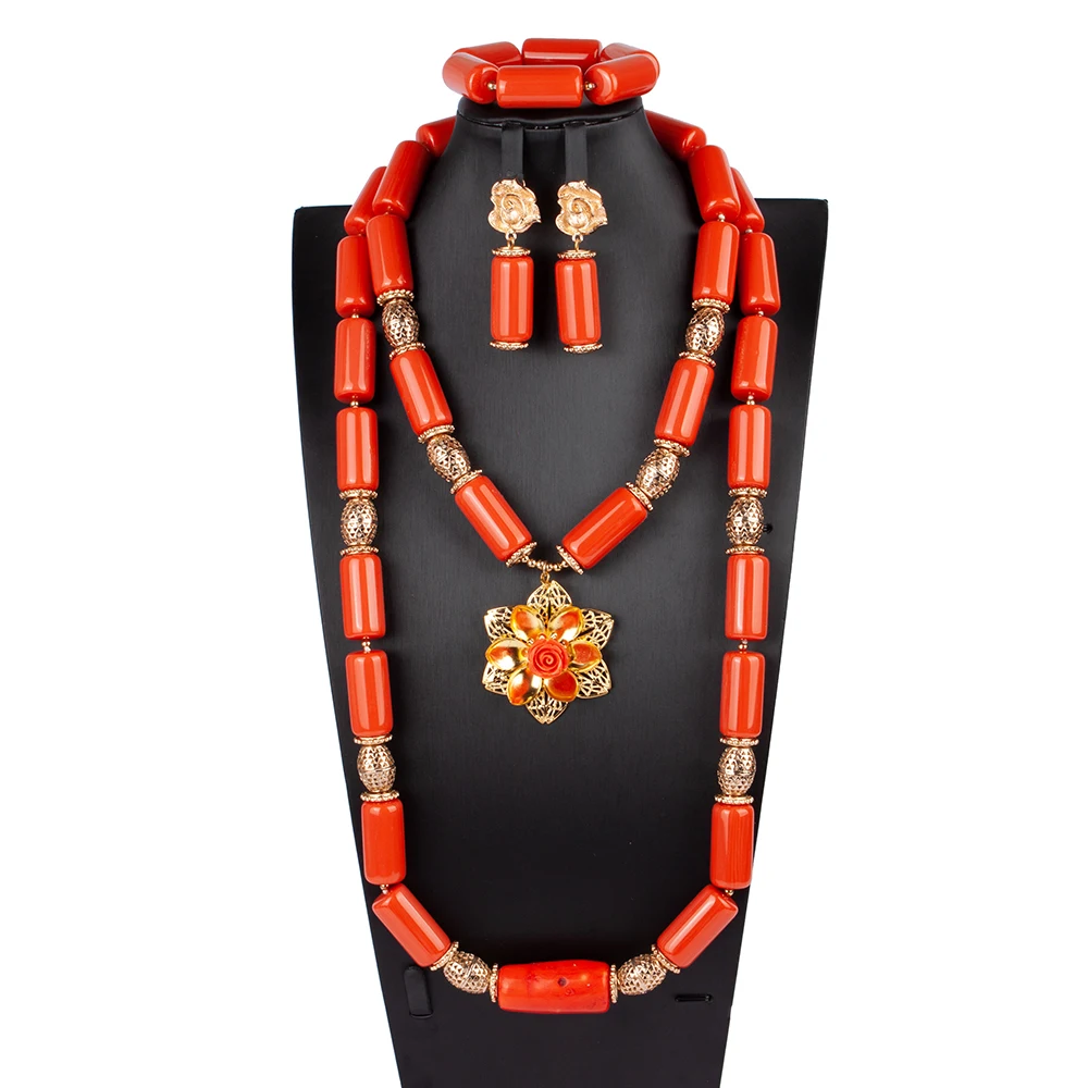 Africanbeads 4-Row Orange Coral Nigerian Wedding Jewelry Set – Necklace, Bracelet & Earrings, Handmade Beads - View #7