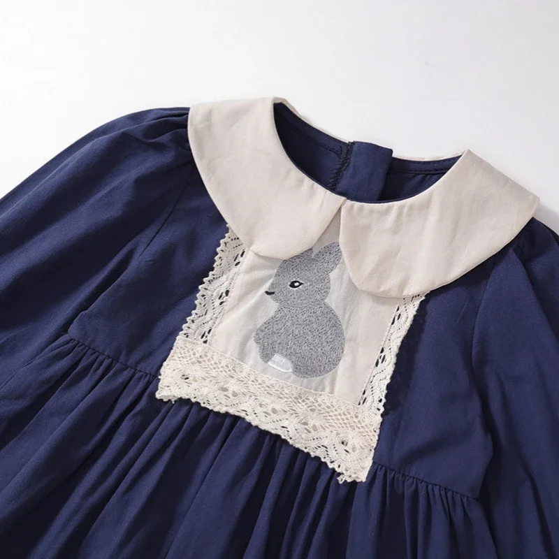 Girls Doll Collar Rabbit Embroidered Dress Autumn Korean Version Long-Sleeved Navy Blue Lapel Princess Dress
