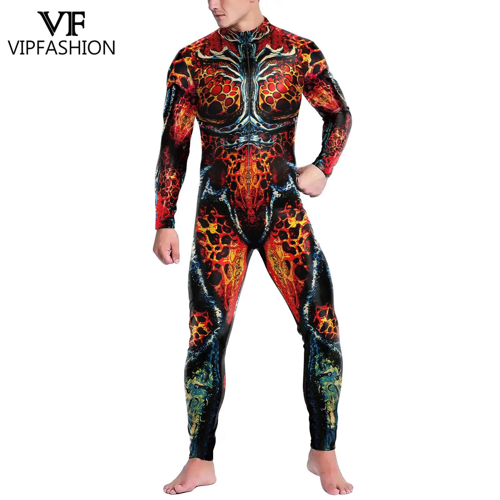 

VIP FASHION Man Costume Blood Skeleton Printed Catsuit Front Zipper Carnival Zentai Suit Party Jumpsuits Scary Cosplay Clothes