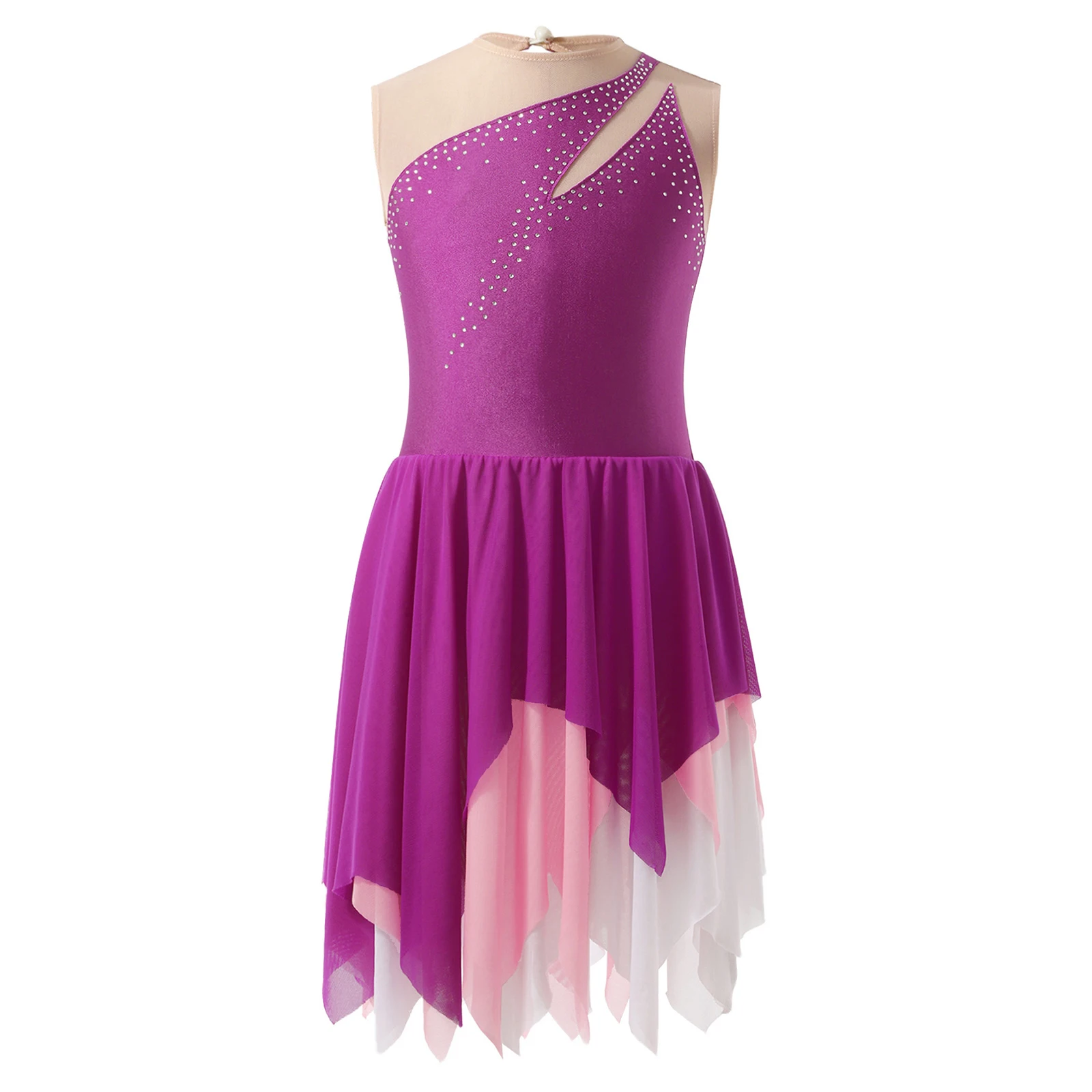 

Kids Girls Sleeveless Ballet Dance Modern Contemporary Lyrical Dress Asymmetrical Chiffon Figure Ice Skating Performance Costume