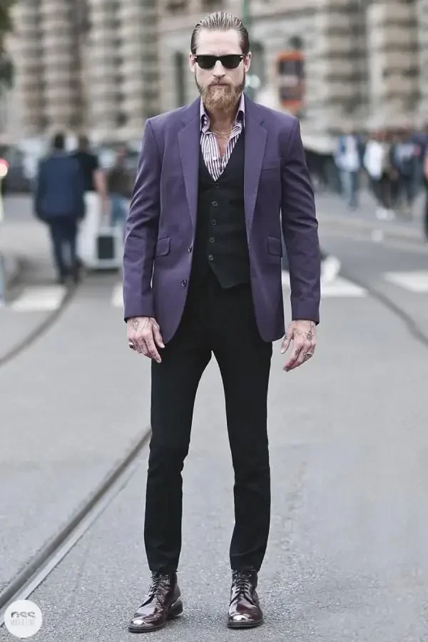 

Gentle Purple Fashion Men Suit Black Vest Pant Terno Slim Fit 3 Piece High Street Jacket Groom Prom Party Tuxedo Custom Vestido