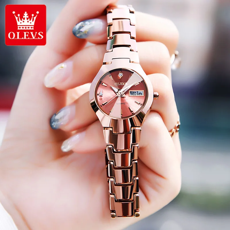 OLEVS-Montre à Quartz en Acier Tungstène localité pour Femme, Mains Shoes, Étanche, avec Calendrier de la Semaine, Mode de Loisirs