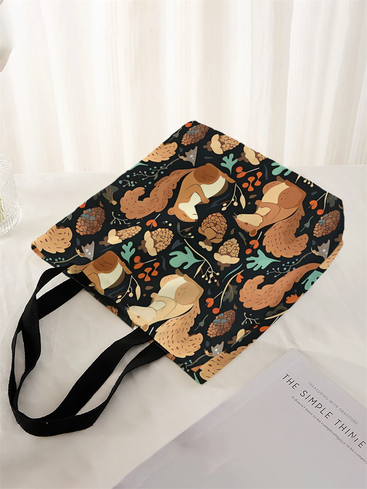 1 piece, squirrel pattern handbag, reusable fashionable handbag, multifunctional handbag, printed canvas shopping bag