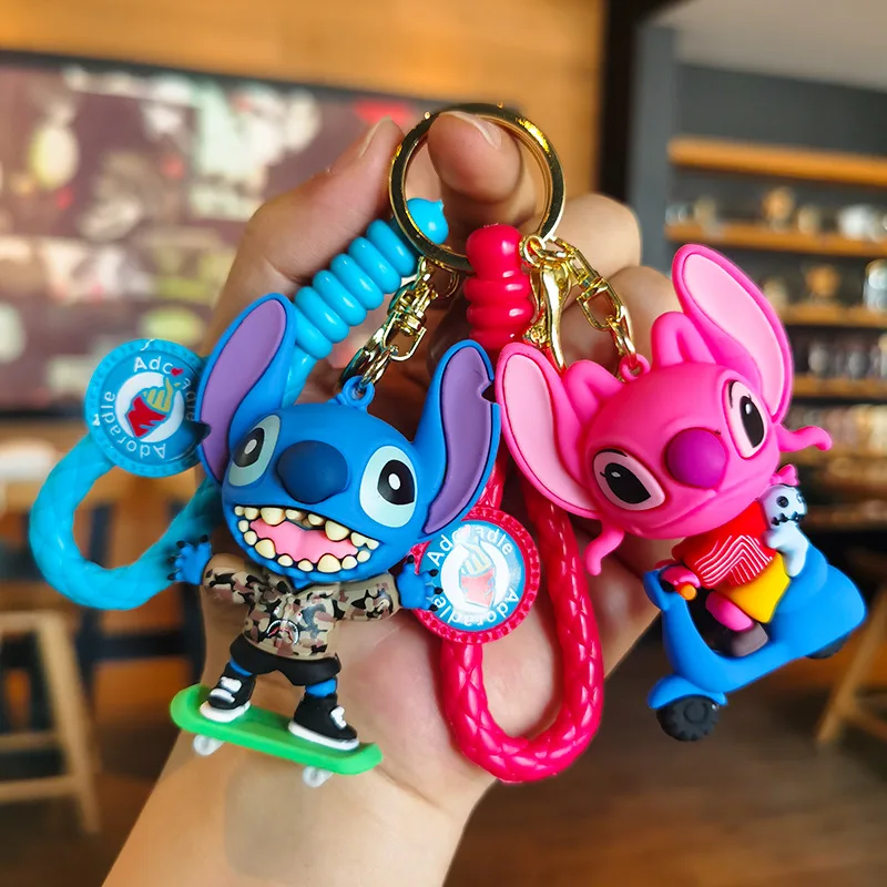 

New Disney Stitch Keychain Kawaii Cartoon Angel Anime Keyring Fashion Couple Bag Accessories Key Chain Car Pendant Kids Gift