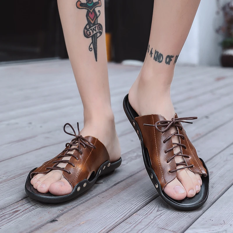 Summer Men's Genuine Leather Breathable Bandage Slippers Sandals Beach leather sandals fashion sandals beach slippers beach sandals