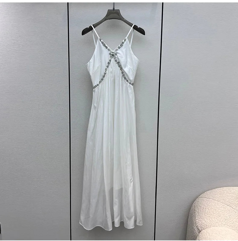 

Brand New Designer Summer High Quality Diamonds White V-neck Slip Dress C610