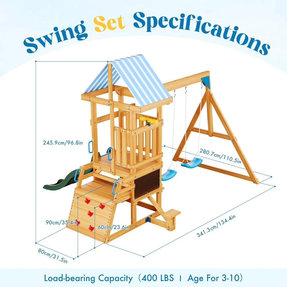 Wooden Swing Set, All-in-One Kids Outdoor Play Equipment with Two Swings, Slide, Blackboard, Telescope, Fort, Outdoor Playset 2