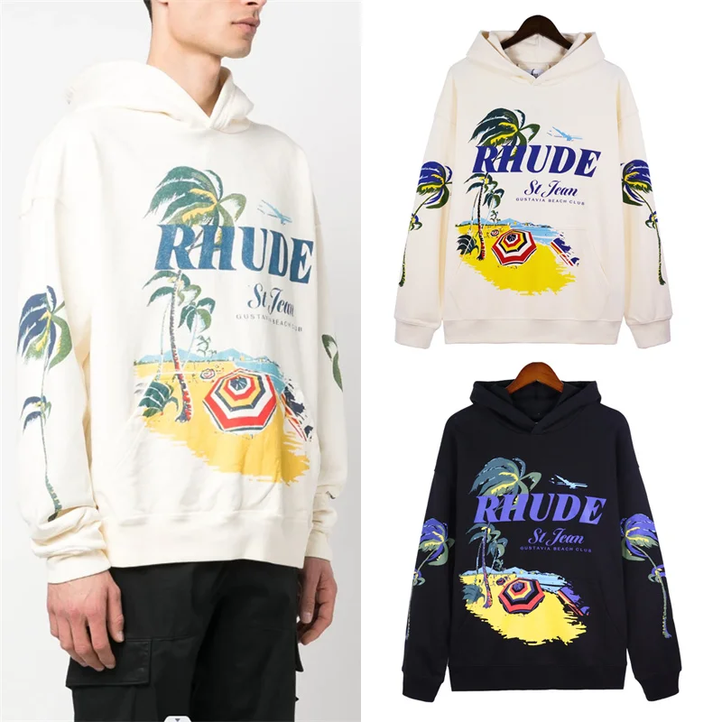 

23SS American High Street Rhude Beach Club Printed Couple Casual Loose Hooded Sweater