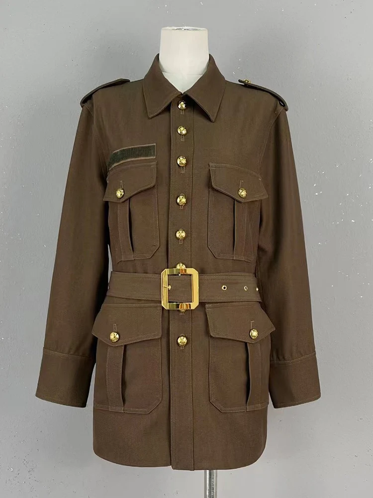

Vintage solid color lapel single-breasted lace-up cargo pocket wool coat Women's new fall fashion all-match straight-leg jacket