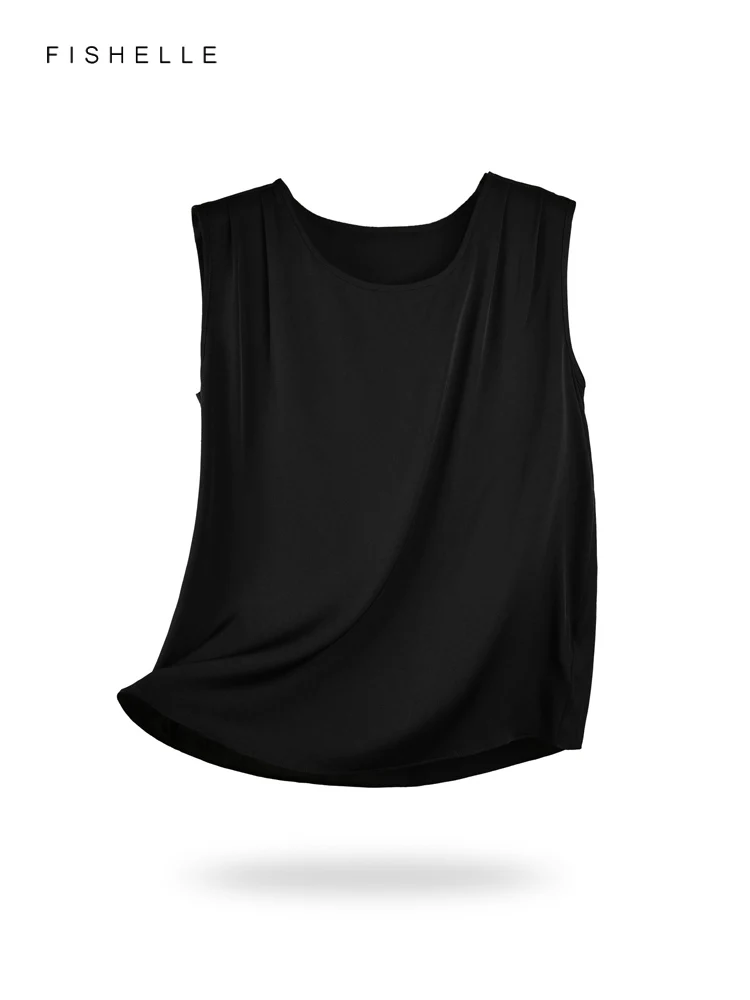 

Classic Solid Black Women's Natural Silk Round Neck Tank Top Summer Real Silk Female Sleeveless Regular Tops Woman Vest